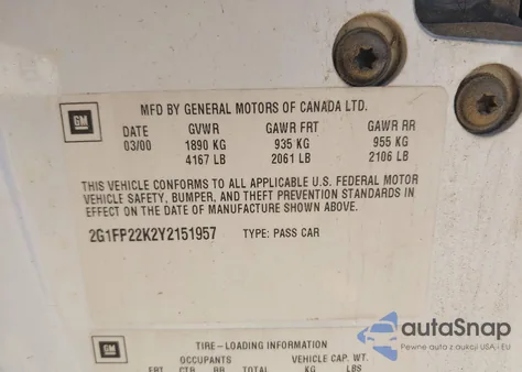 2000 Chevrolet Camaro из США, поврежденный, VIN 2G1FP22K2Y2151957